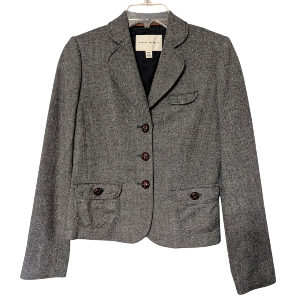 Banana Republic Gray Wool Tweed Office Chic Brown Accent Button Women's Blazer 2